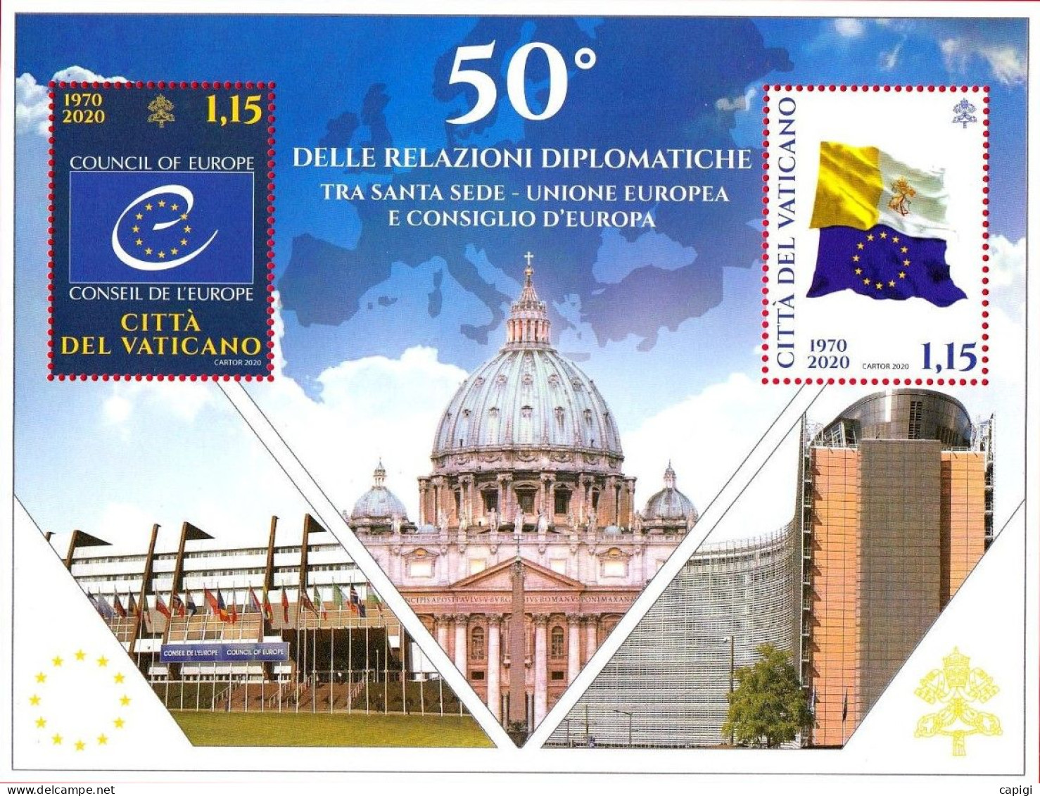 2020 - VATICANO - 50° DELLE RELAZIONI DIPLOMATICHE CON  L' UNIONE EUROPEA - FOGLIETTO NUOVO - Blocs & Feuillets