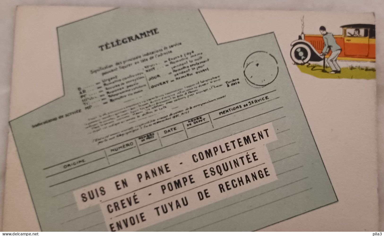 1CP "télégramme" SUIS EN PANNE - COMPLETEMENT CREVE - POMPE ESQUINTEE ENVOIE TUYAU DE RECHANGE - Postal Services