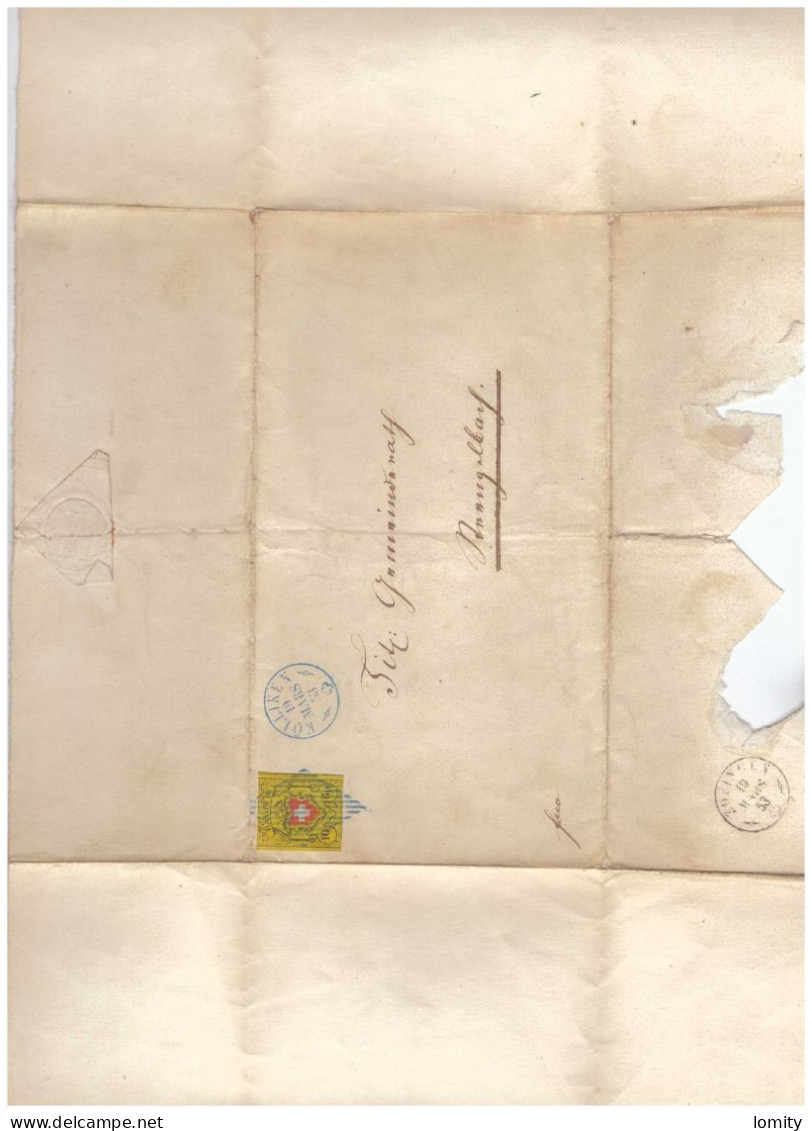 Suisse Lettre Timbre Rayon II 10 Rp Cachet Bleu Kolligen 19 Mars 1853 , YT N°15 - 1843-1852 Federal & Cantonal Stamps