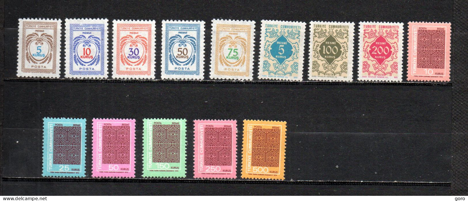 Turquía  1971-74 .-   Y&T  Nº   115/119-126/128-130/135   Servicio   ** - Official Stamps