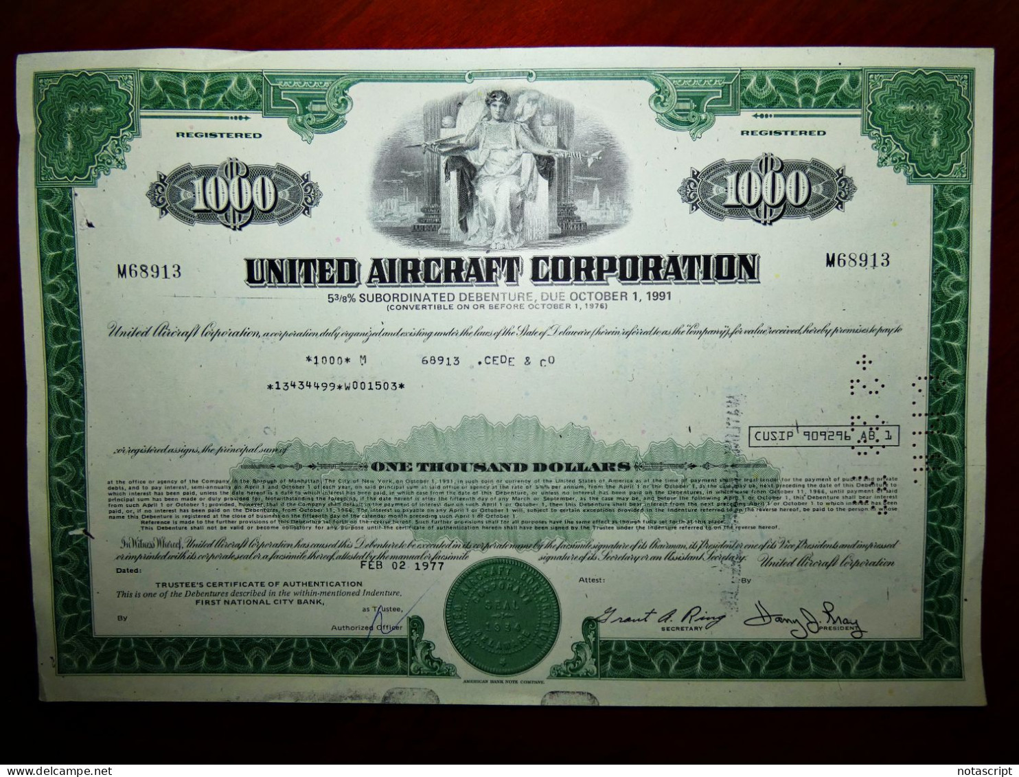 United Aircraft Corporation,  Bond $1000 1969-77 - Aviation