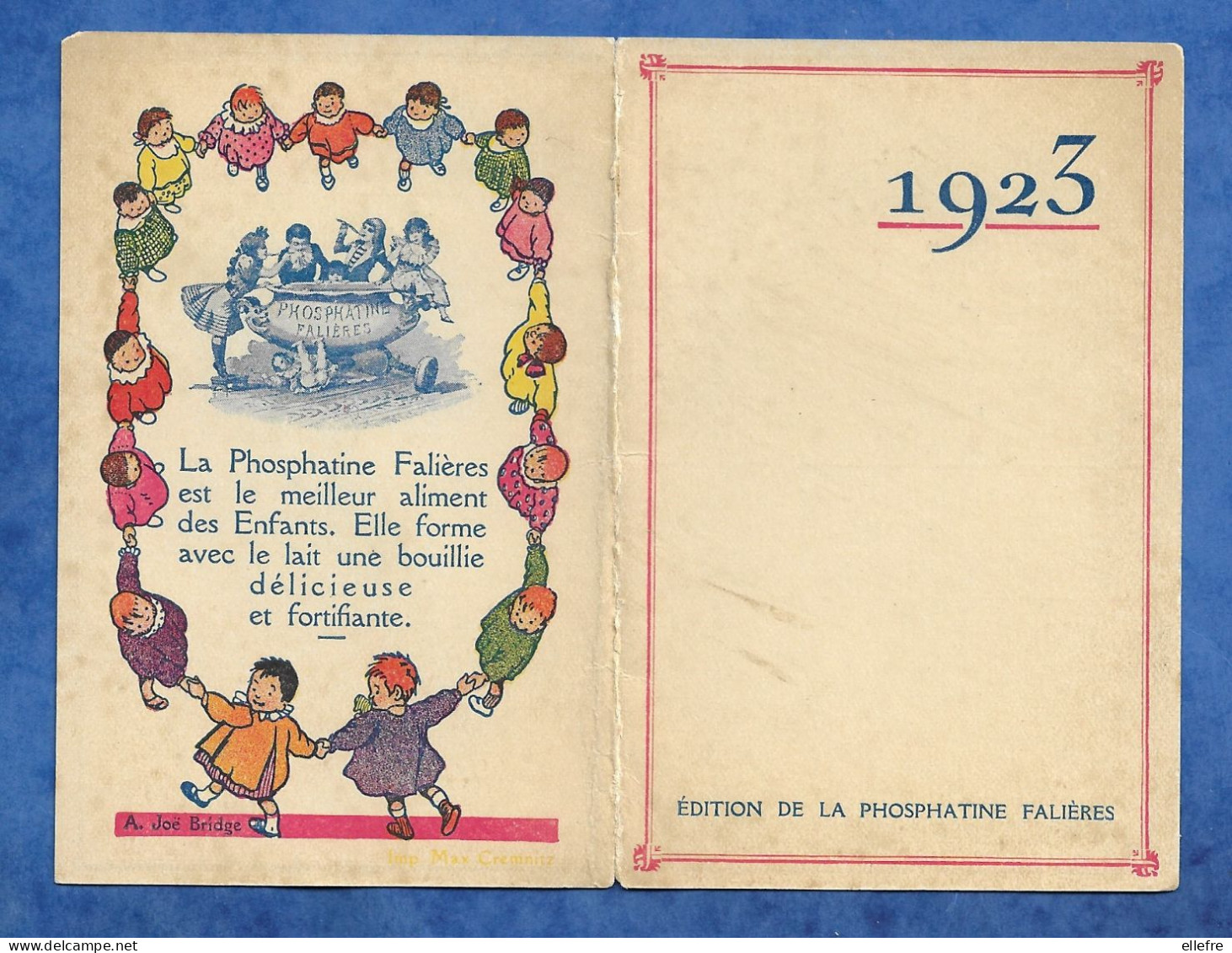 Calendier Publicitaire Petit Format - 1923 - Edition De La Phosphatine Falières Enfants Illustrateur A JOE BRIDGE - Small : 1921-40