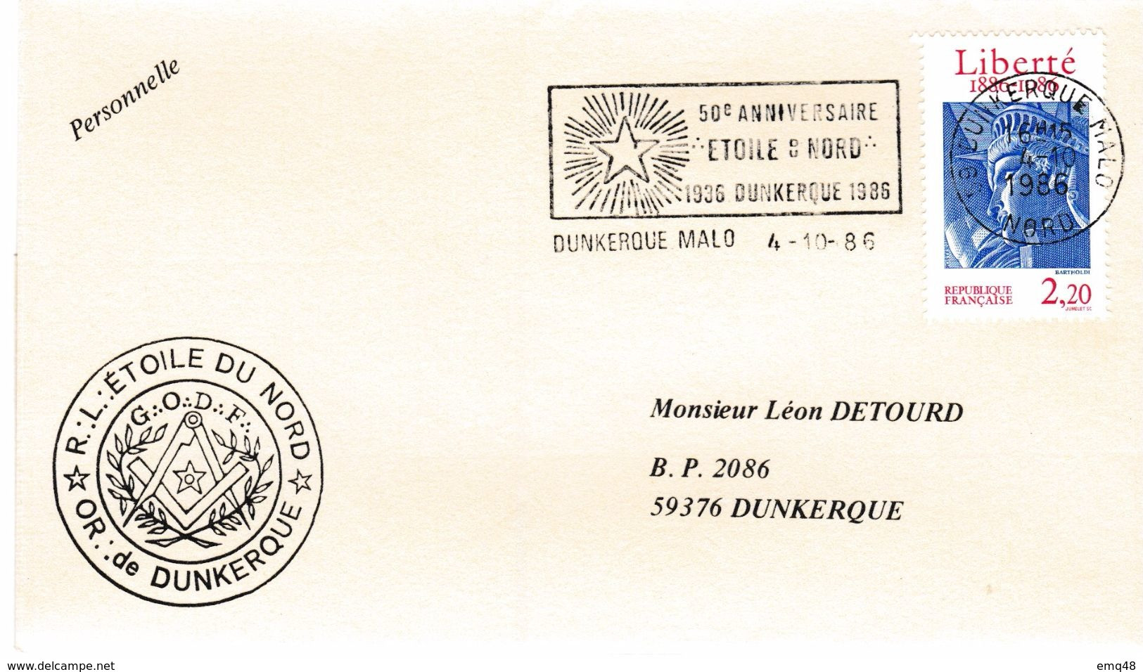 200a - FRANCE : Première Oblitération Mécanique Maçonnique : 1986, Sur Enveloppe Loge Du GODF - Freemasonry