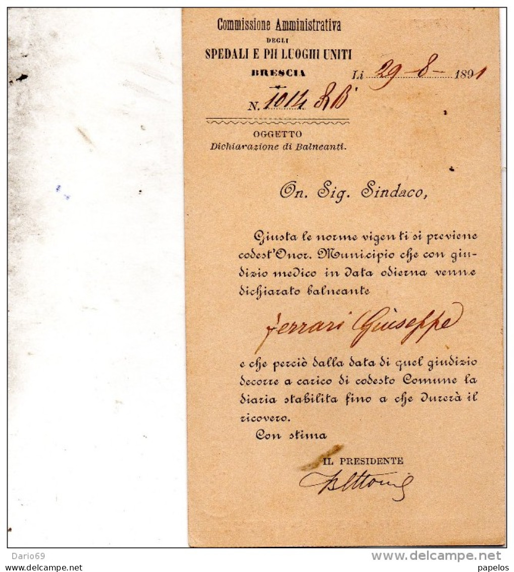 1891   CARTOLINA CON ANNULLO BRESCIA - Stamped Stationery