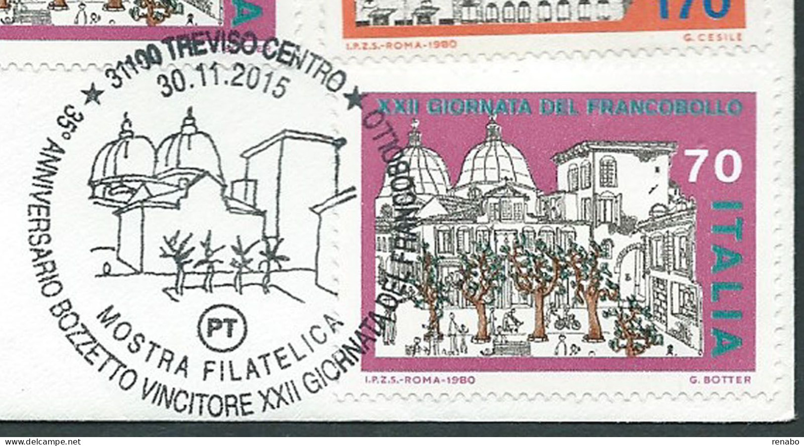 Italia 2015; Giornata Del Francobollo Del 1980, Serie Completa; Annullo Speciale Ricorda Il Valore Da Lire 70. - 2011-20: Storia Postale