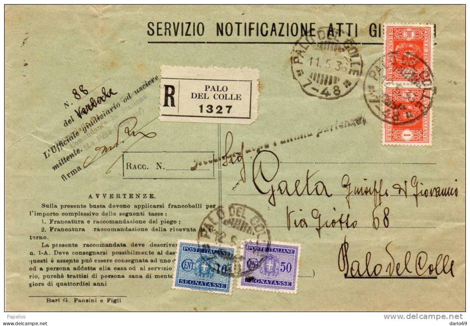 1936 LETTERA CON ANNULLO PALO DEL COLLE BARI - Taxe