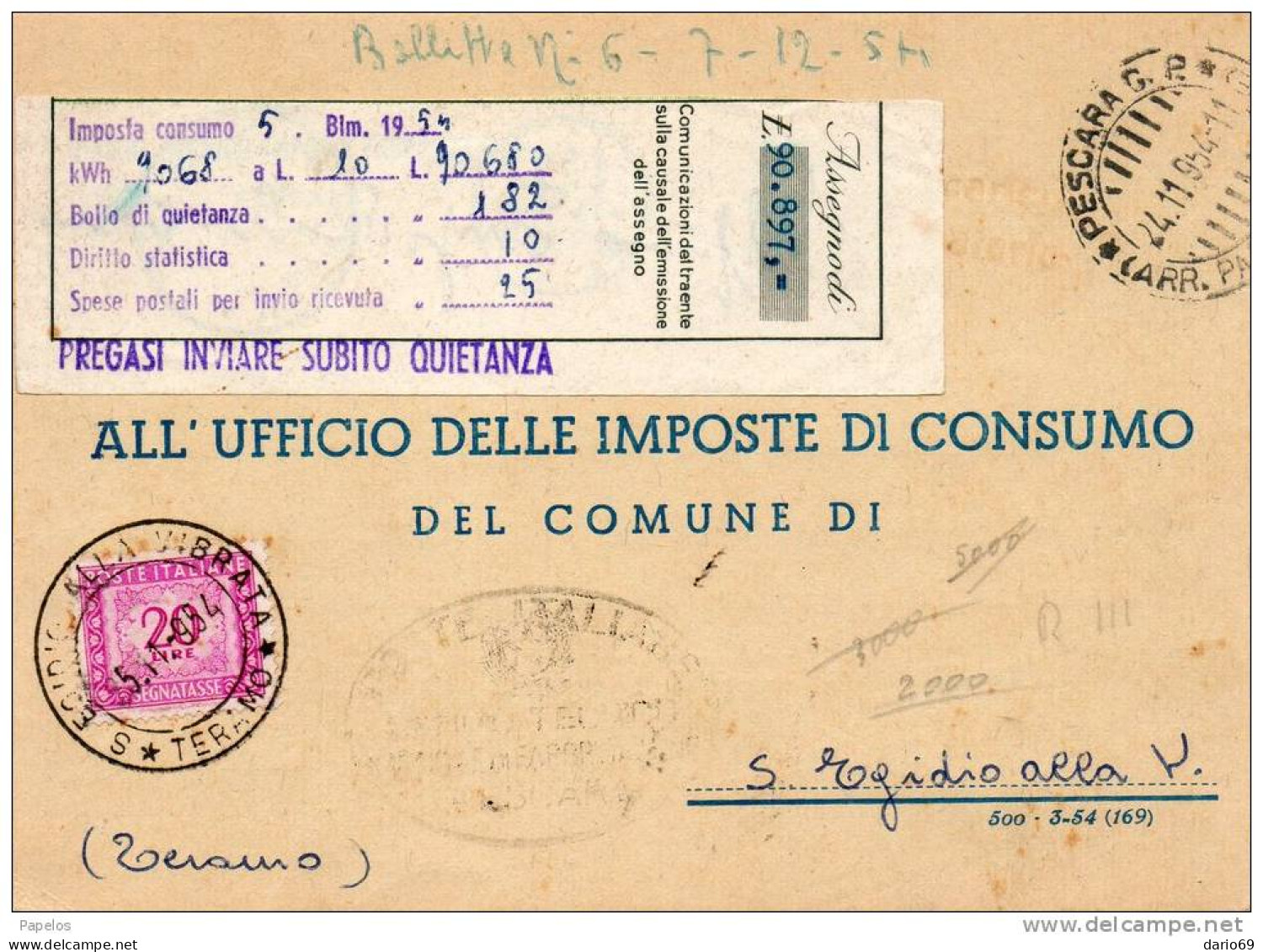 1954  CARTOLINA   CON ANNULLO  PESCARA  +  S.EGIDIO  TERAMO - Taxe