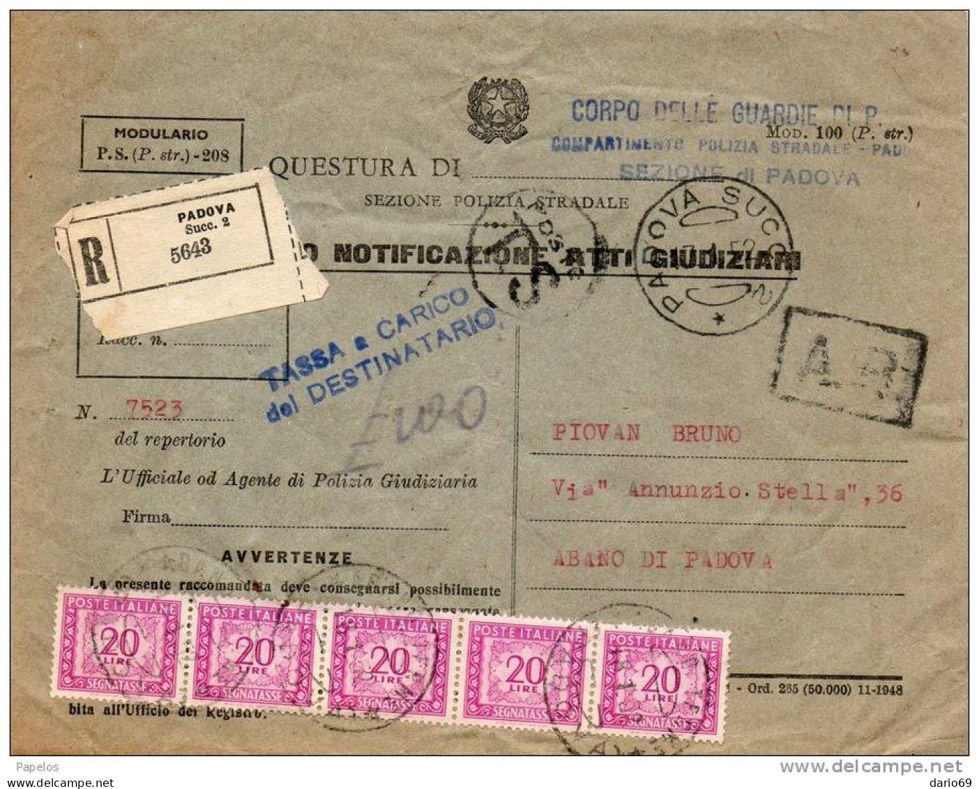 1952  LETTERA   CON ANNULLO    PADOVA - Postage Due
