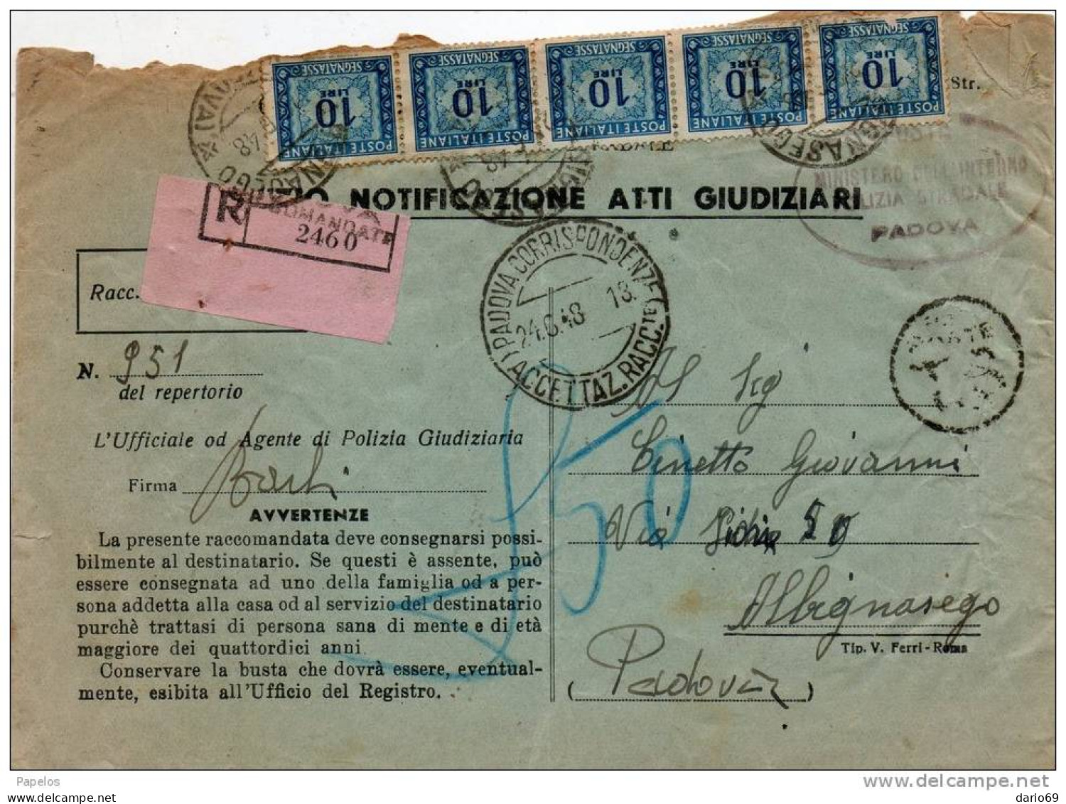 1948  LETTERA   CON ANNULLO  PADOVA - Impuestos