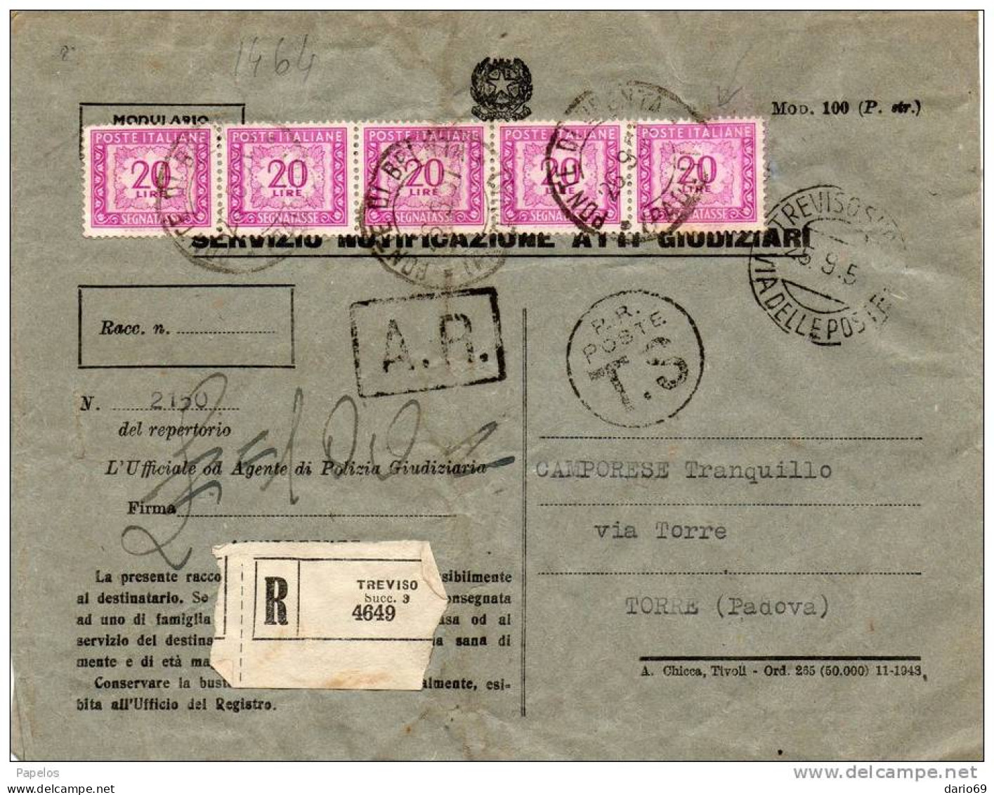 1951  LETTERA RACCOMANDATA CON ANNULLO TREVISO - Taxe