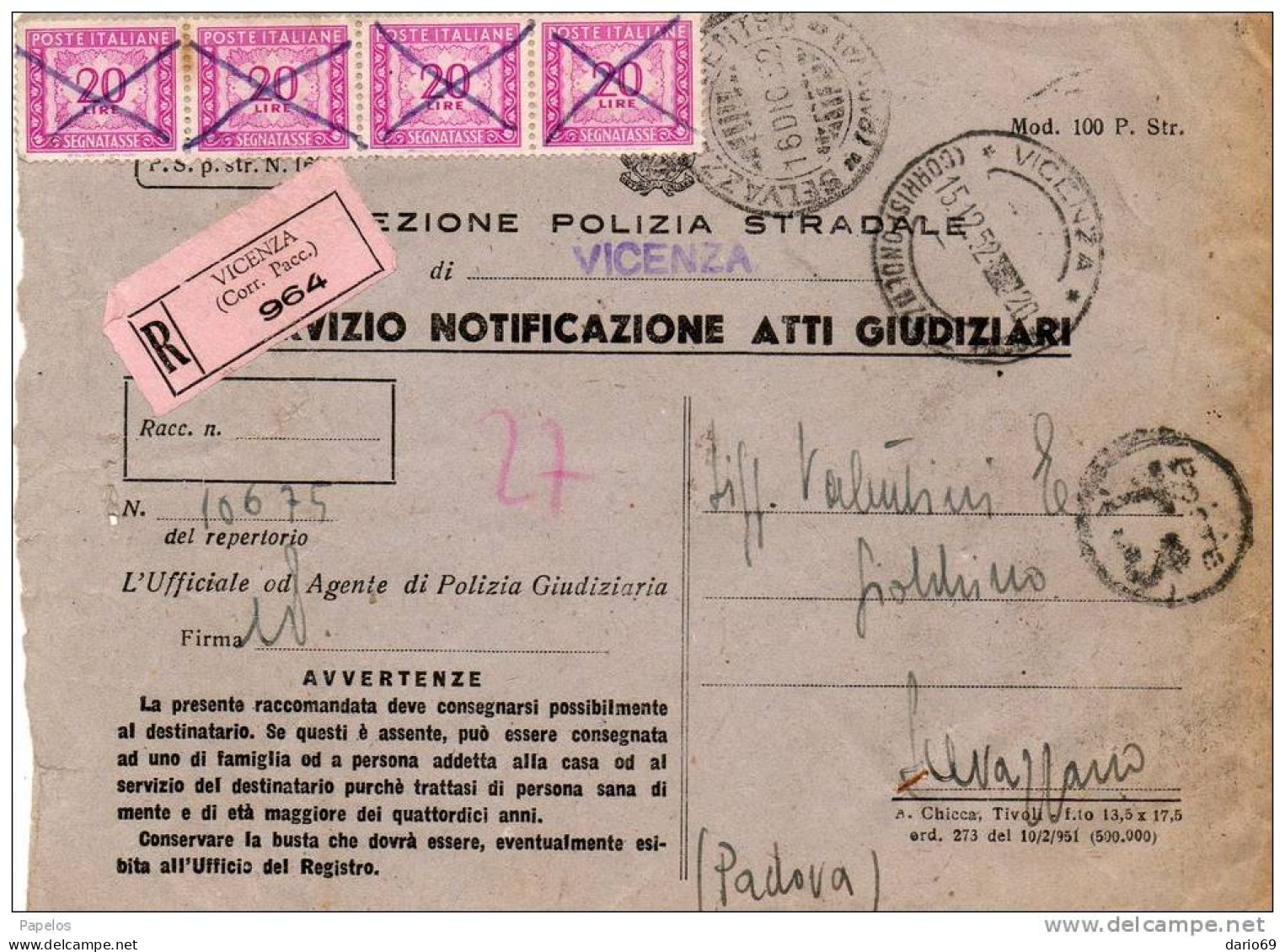 1952  LETTERA RACCOMANDATA CON ANNULLO   VICENZA - Impuestos