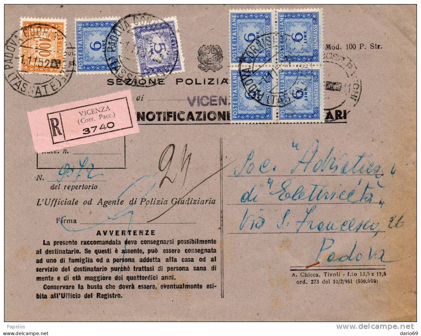 1952  LETTERA RACCOMANDATA CON ANNULLO   VICENZA - Impuestos