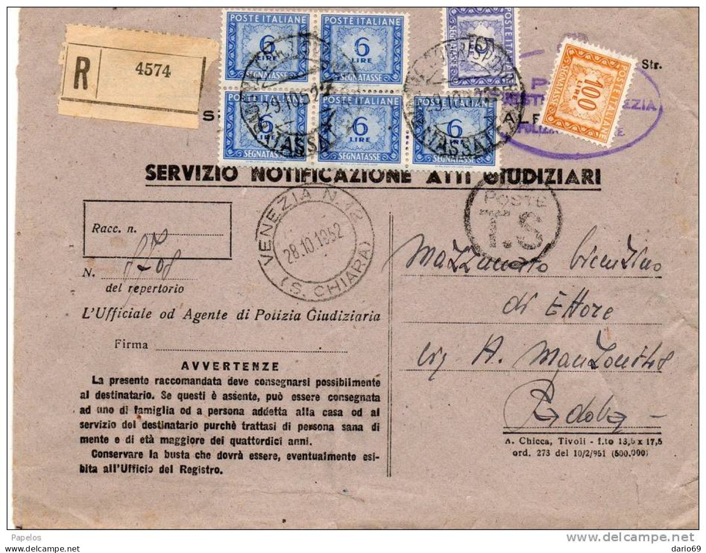 1952  LETTERA RACCOMANDATA CON ANNULLO   VENEZIA    S.CHIARA - Postage Due