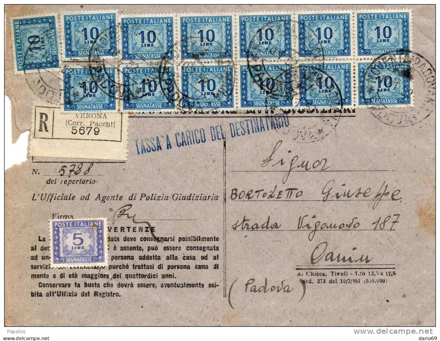 1952  LETTERA RACCOMANDATA CON ANNULLO   VERONA - Postage Due