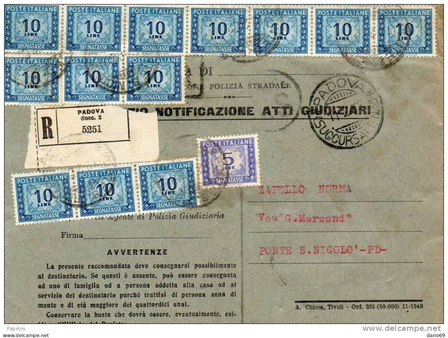 1952  LETTERA RACCOMANDATA CON ANNULLO   PADOVA SUCC 2 - Postage Due