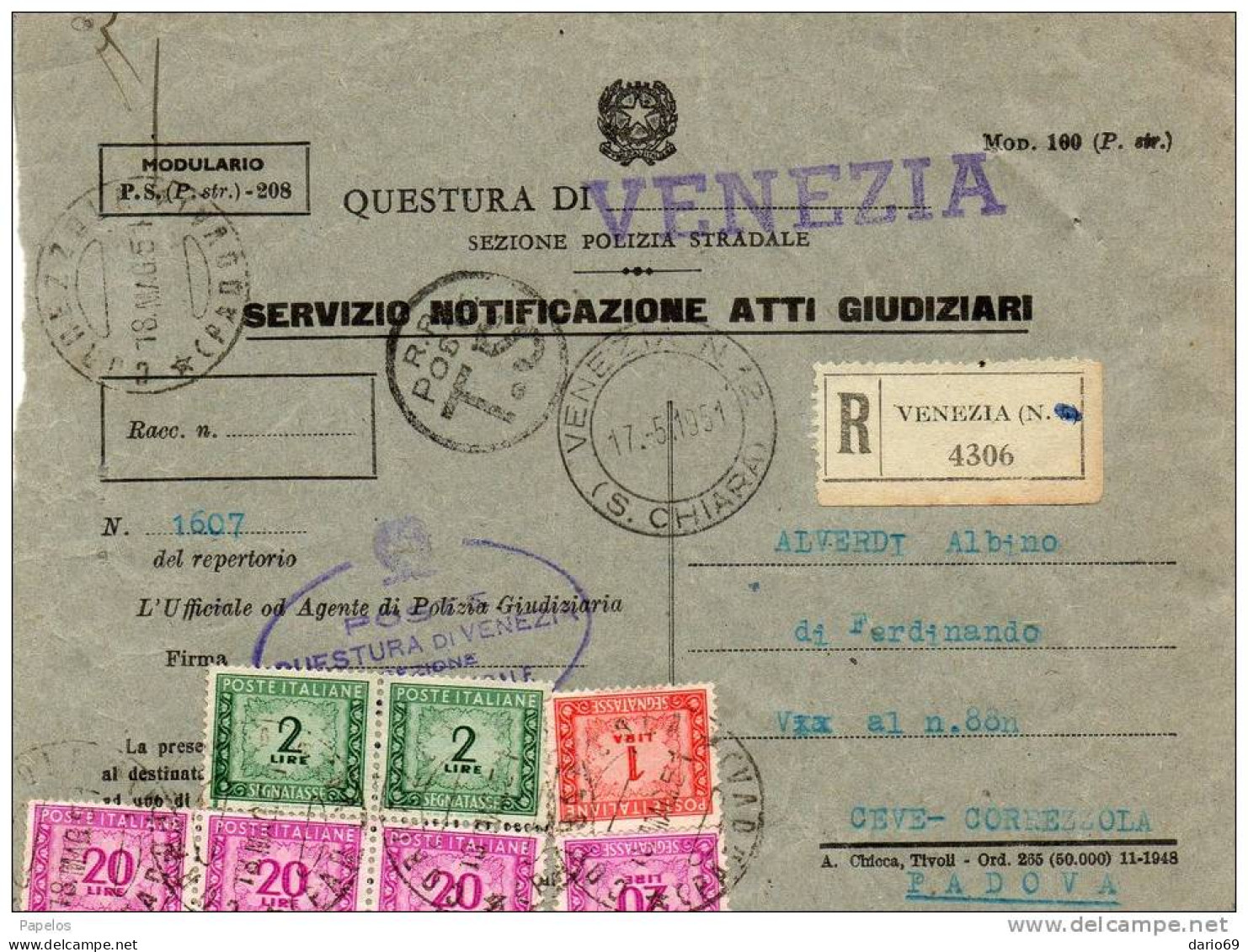 1951  LETTERA RACCOMANDATA CON ANNULLO CORREZZOLA  PADOVA + VENEZIA - Postage Due
