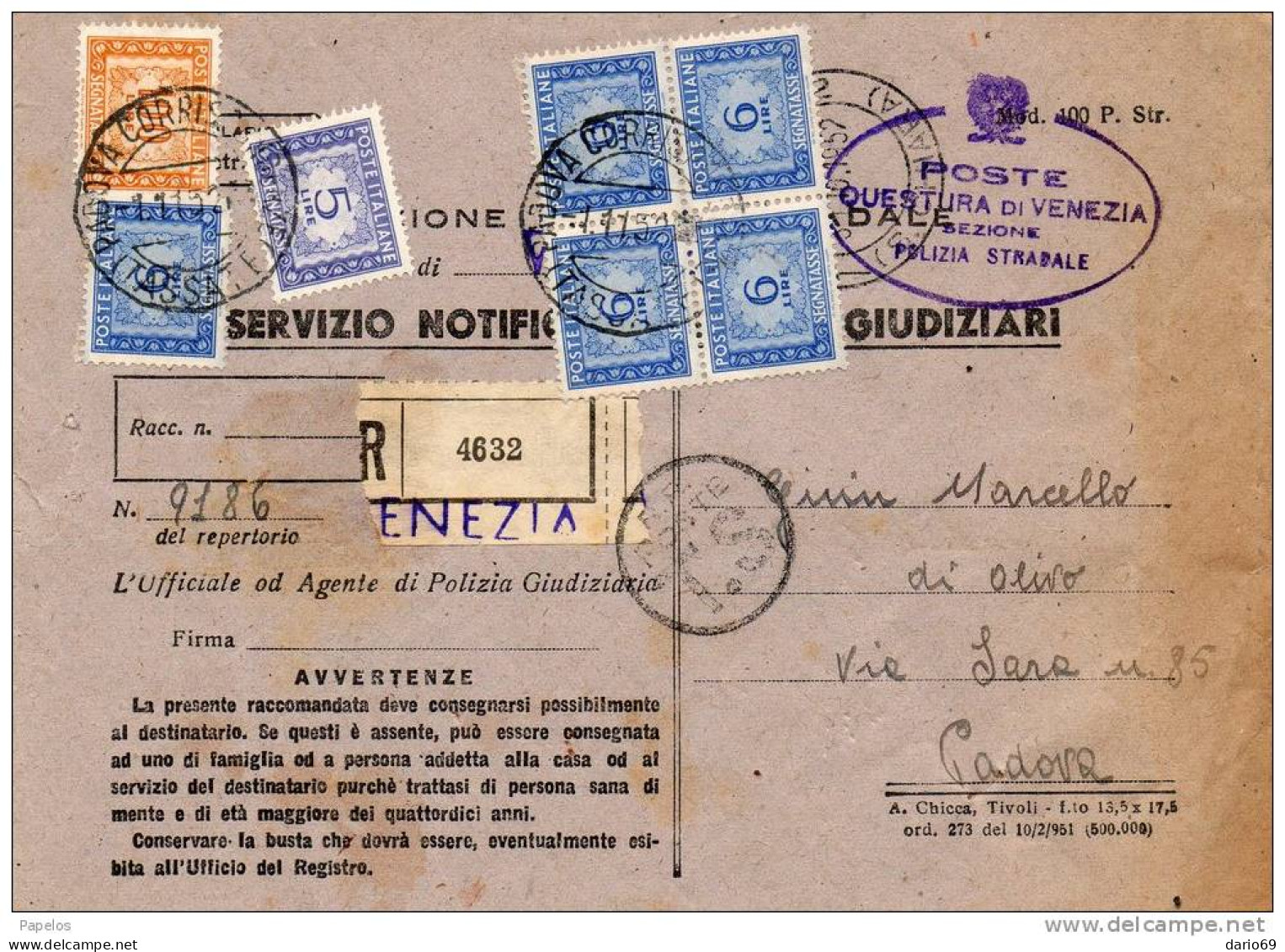 1952  LETTERA RACCOMANDATA CON ANNULLO   VENEZIA - Postage Due