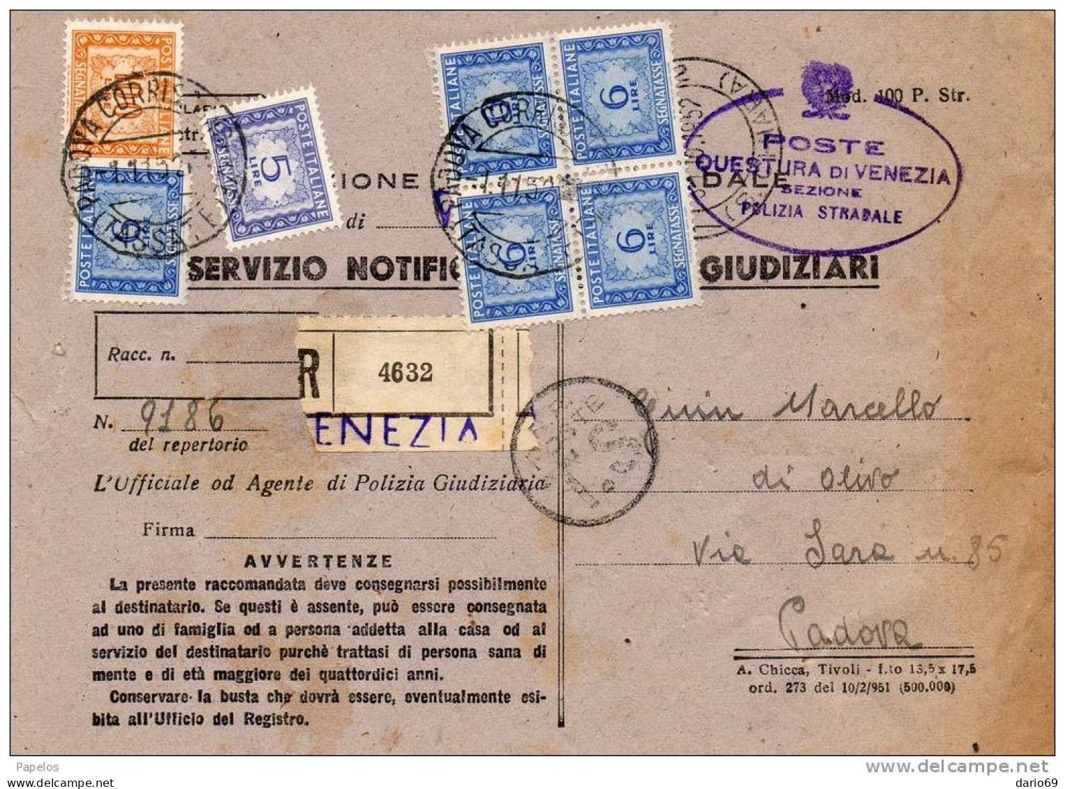 1952  LETTERA RACCOMANDATA CON ANNULLO   VENEZIA - Impuestos