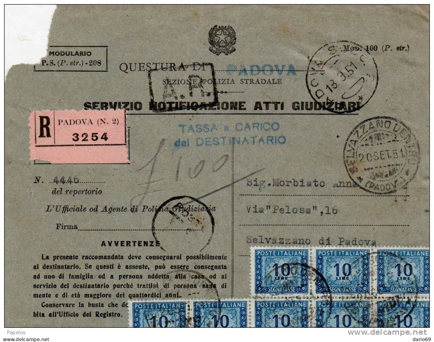 1951  LETTERA RACCOMANDATA CON ANNULLO SELVAZZANO DENTRO PADOVA - Postage Due