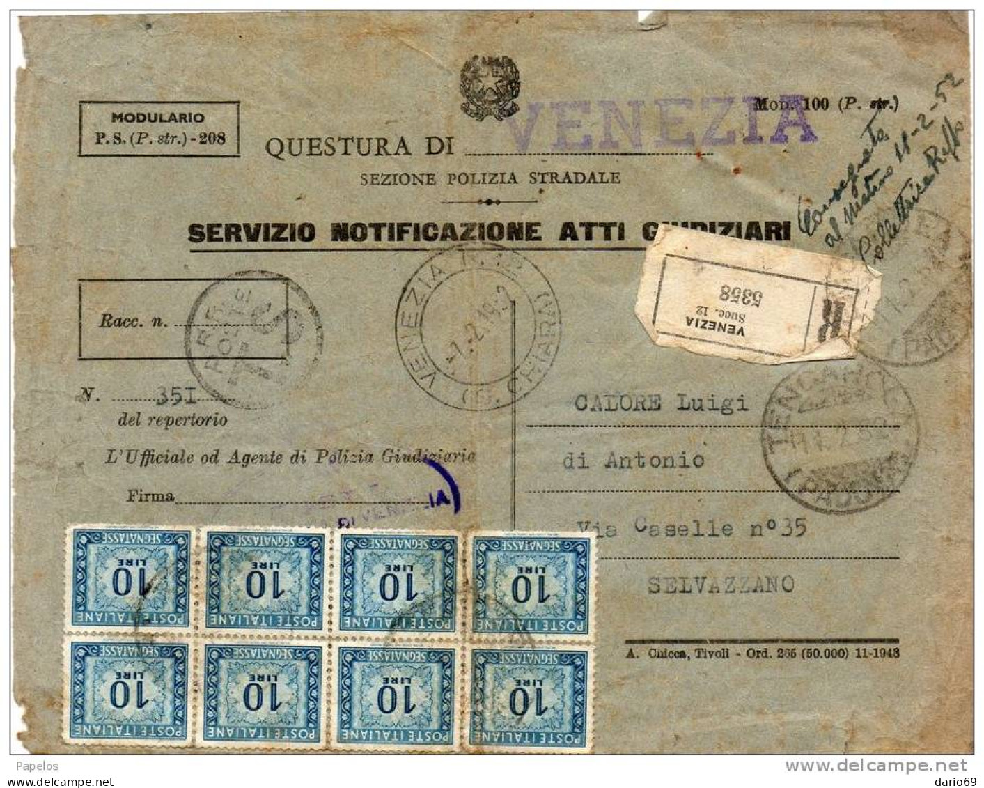 1952  LETTERA RACCOMANDATA CON ANNULLO VENEZIA - Taxe