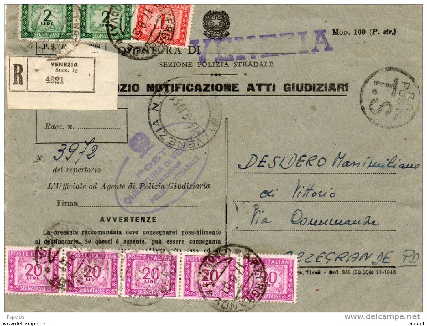 1951  LETTERA RACCOMANDATA CON ANNULLO VENEZIA - Postage Due