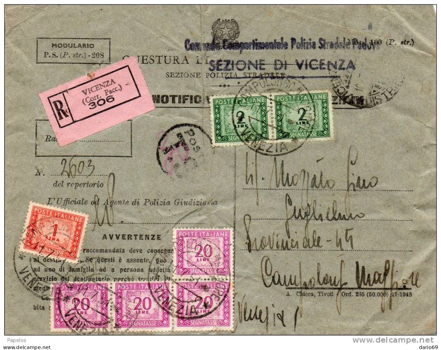 1951  LETTERA RACCOMANDATA CON ANNULLO VICENZA - Taxe