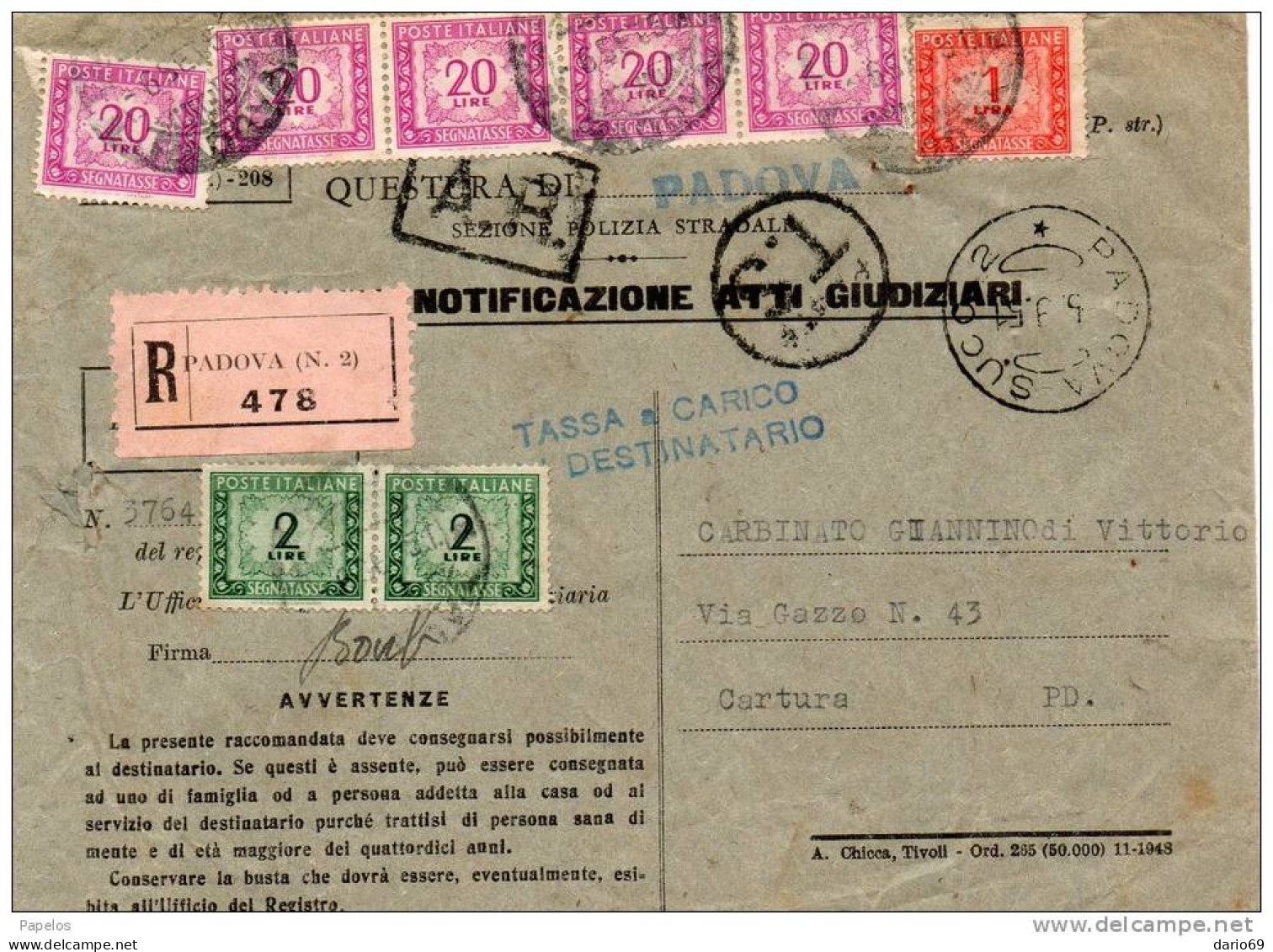 1951  LETTERA RACCOMANDATA CON ANNULLO PADOVA SUCC.2 - Taxe
