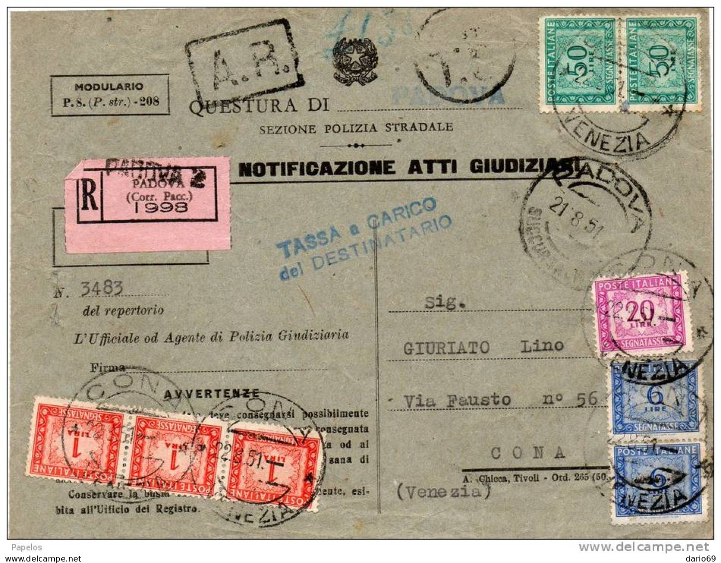 1951  LETTERA RACCOMANDATA CON ANNULLO PADOVA SUCC.2 + CONA VENEZIA - Taxe