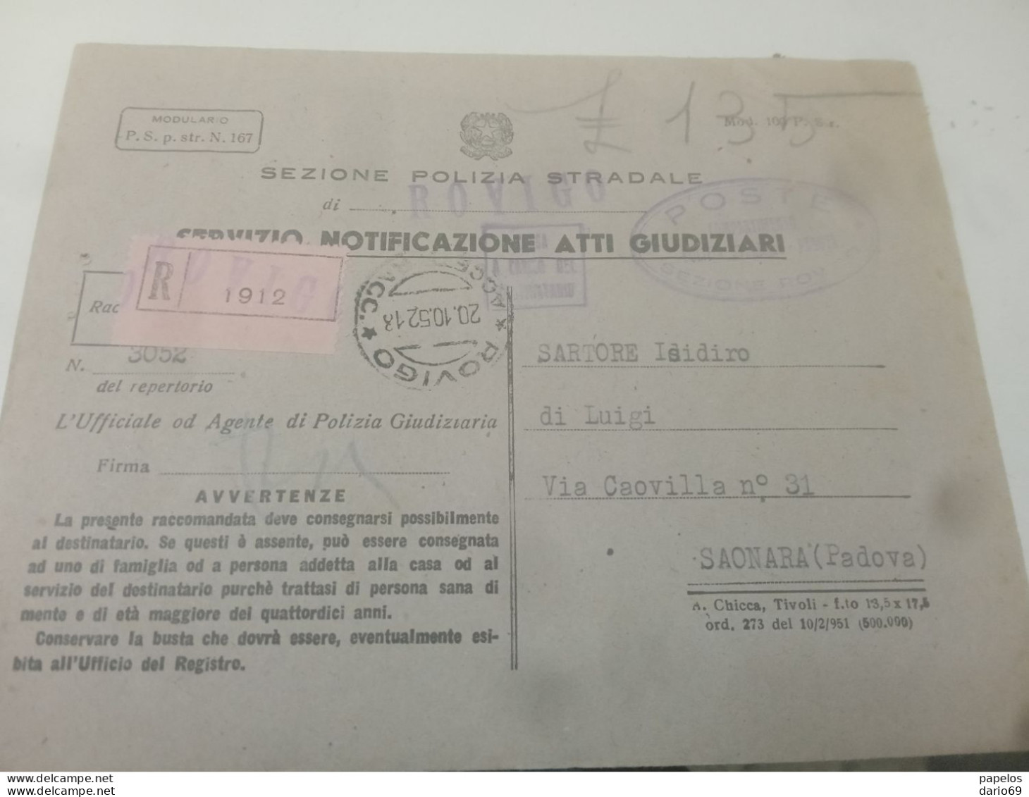 1952  LETTERA RACCOMANDATA CON ANNULLO SAONARA    PADOVA - Postage Due