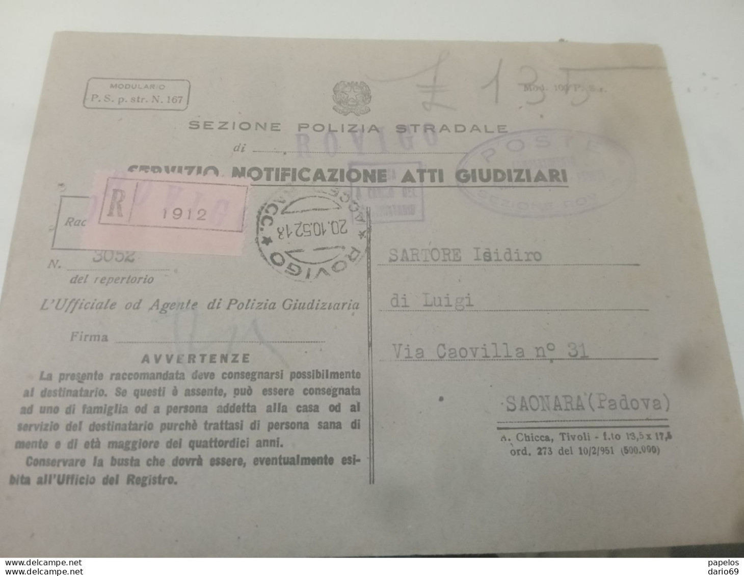 1952  LETTERA RACCOMANDATA CON ANNULLO SAONARA    PADOVA - Impuestos