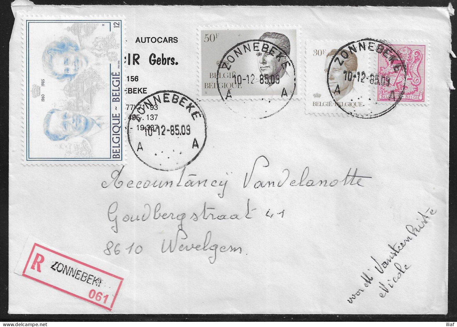 Belgium. Stamps Sc.1082,1097,1100,1215 On Registered Commercial Letter, Sent From Zonnebeke On 10.12.1985 For Wevelgem - Briefe U. Dokumente