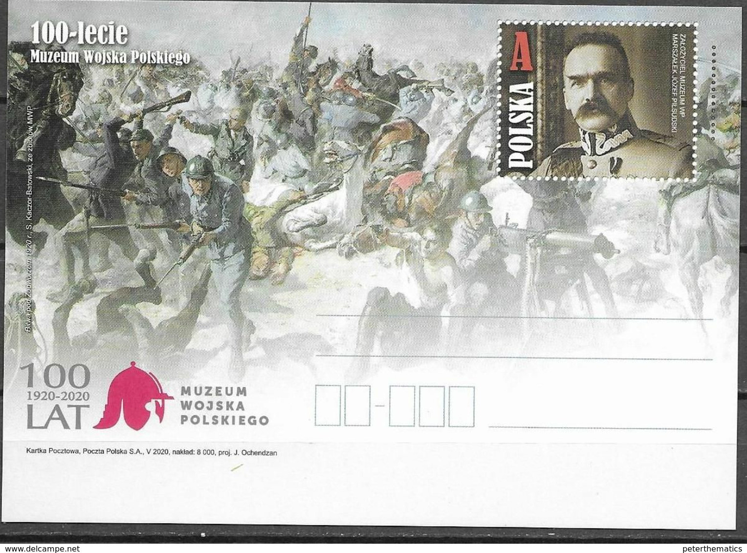 POLAND, 2020, MINT POSTAL STATIONERY, PREPAID POSTCARD, 100 YEARS POLISH ARMY MUSEUM, MILITARY, BATTLES, HORSES - Musées