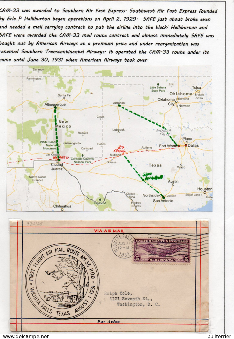 USA -  1931- CAM 33 WICHITA FALLS FIRST FLIGHT COVER  WITH MAP -VERY FINE - 1c. 1918-1940 Briefe U. Dokumente