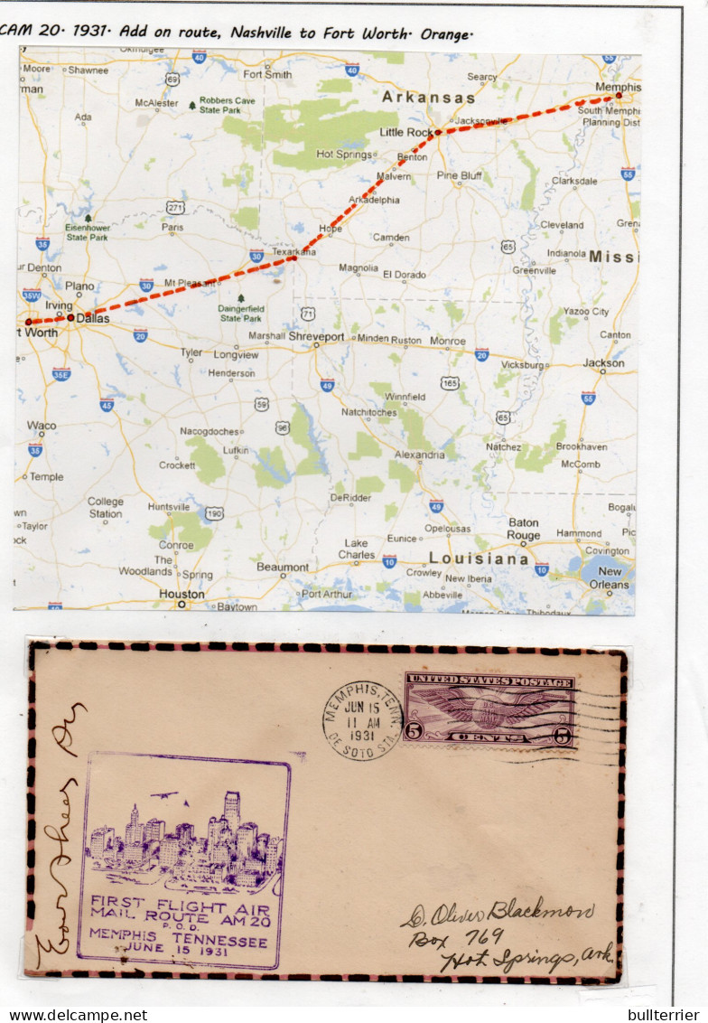 USA -  1931- CAM 22 NASHVILLE TO FORT WORTH  FIRST FLIGHT COVER  WITH MAP -VERY FINE, SIGNED - 1c. 1918-1940 Brieven
