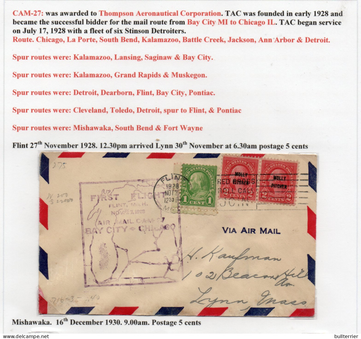 USA -  1928 - CAM 27   BAY CITY TO CHICAGO   FIRST FLIGHT COVER  - 1c. 1918-1940 Lettres