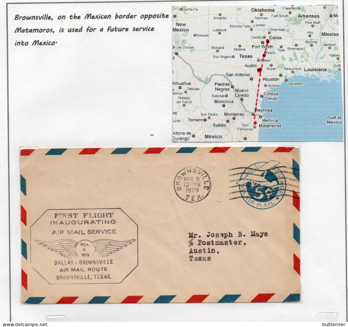 USA -  1929 - DALLS / BROWNSVILLE  FIRST FLIGHT COVER  WITH MAP -VERY FINE, - 1c. 1918-1940 Storia Postale