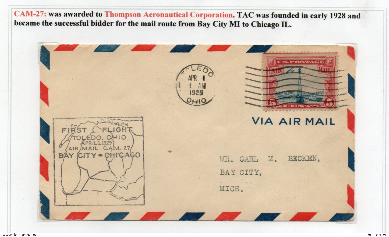 USA -  1929 - CAM -27 THOMPSON TOELDO   FIRST FLIGHT COVER  -VERY FINE, - 1c. 1918-1940 Briefe U. Dokumente
