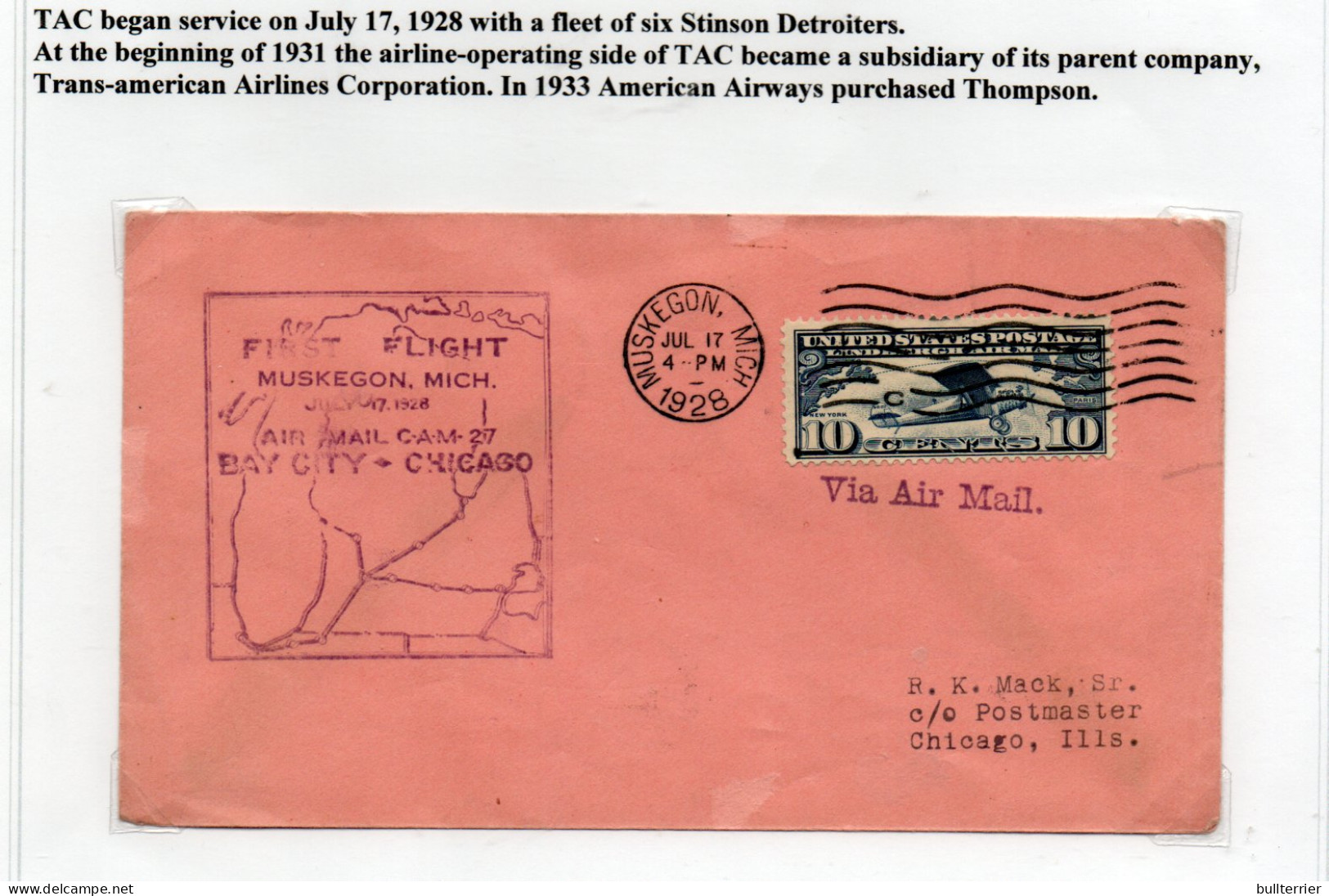 USA -  1928 - MUSKEGON TO CHICAGO FIRST FLIGHT COVER  -VERY FINE, - 1c. 1918-1940 Covers