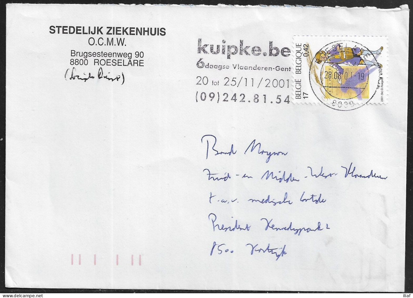 Belgium. Stamps Sc. 1851 On Commercial Letter, Sent From Roeselare On 28.08.2001 For Kortrijk - Lettres & Documents