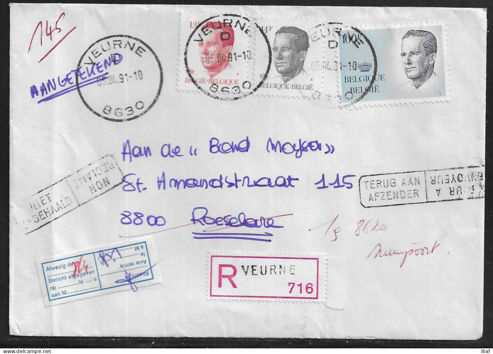 Belgium. Stamps Sc. 1092, 1103, 1231 On Registered Commercial Letter, Sent From Veurne On 05.04.1991 For Roeselare - 1981-1990 Velghe