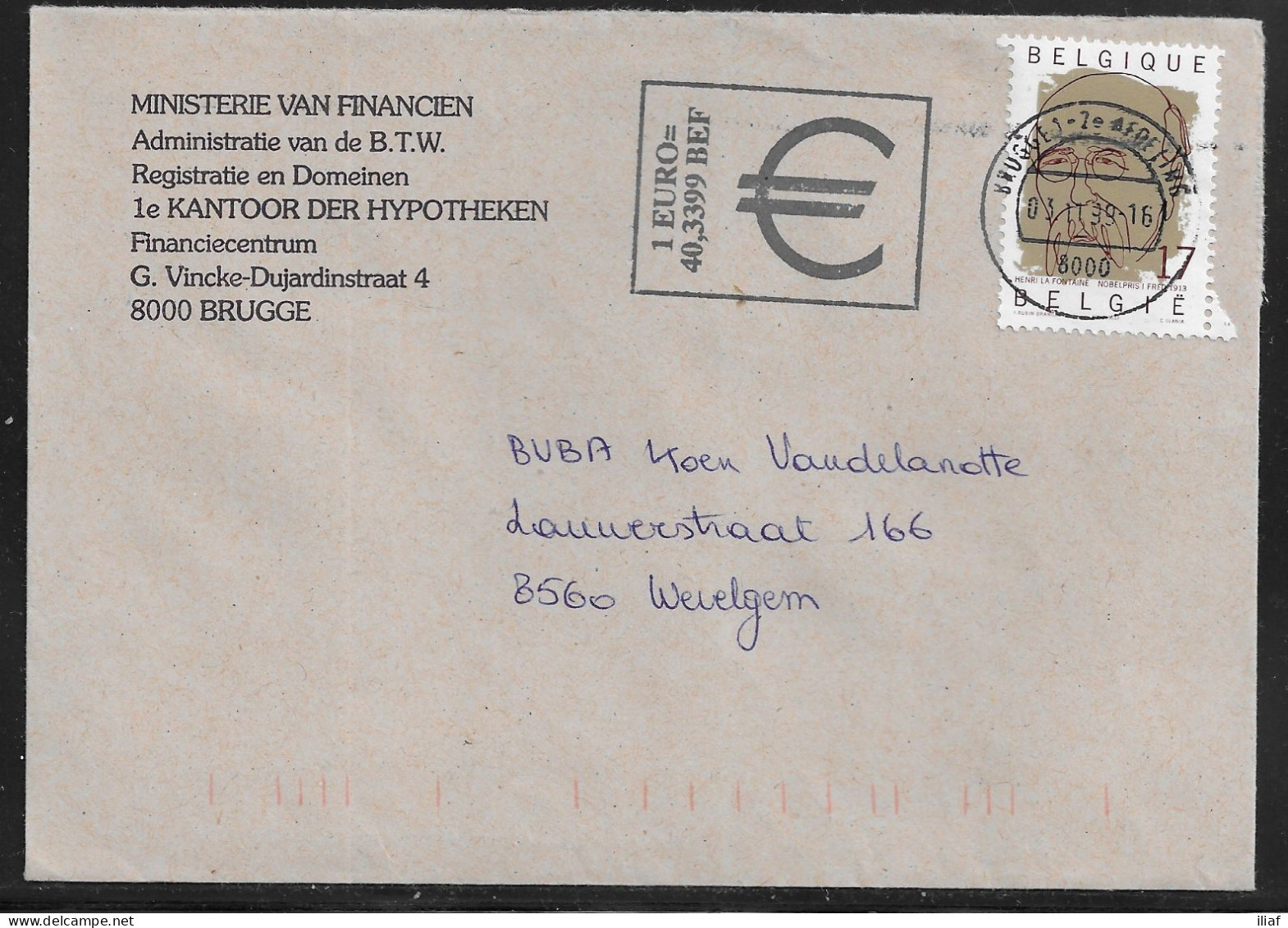 Belgium. Stamps Sc. 1749 On Commercial Letter, Sent From Brugge On 3.11.1999 For Wevelgem - Storia Postale