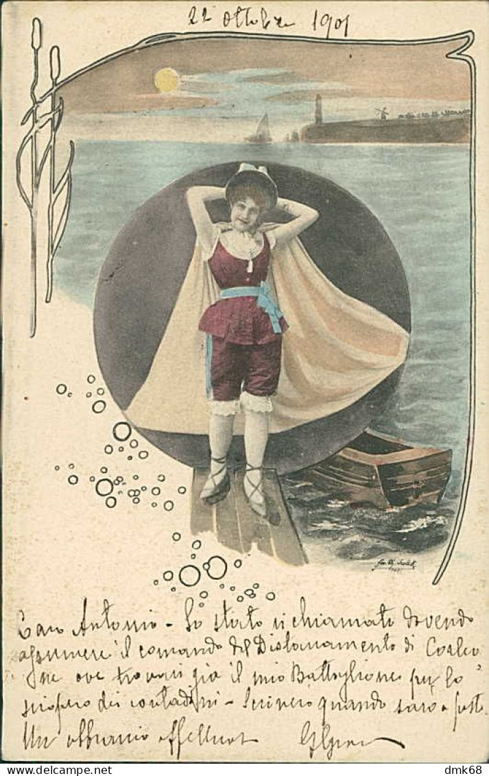 CHARLES SCOLIK SIGNED 1900s POSTCARD WOMAN IN SWIMSUIT  (5499) - Scolik, Charles