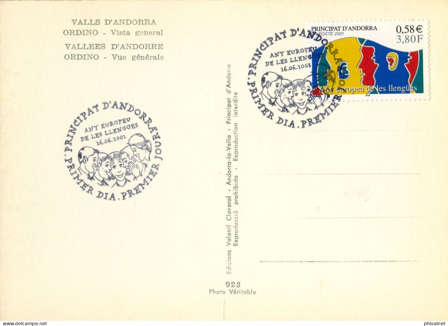 2001 , ED. 570  - AÑO EUROPEO DE LAS LENGUAS , MAT. PRIMER DIA , FDC , ANDORRA FRANCESA - FDC