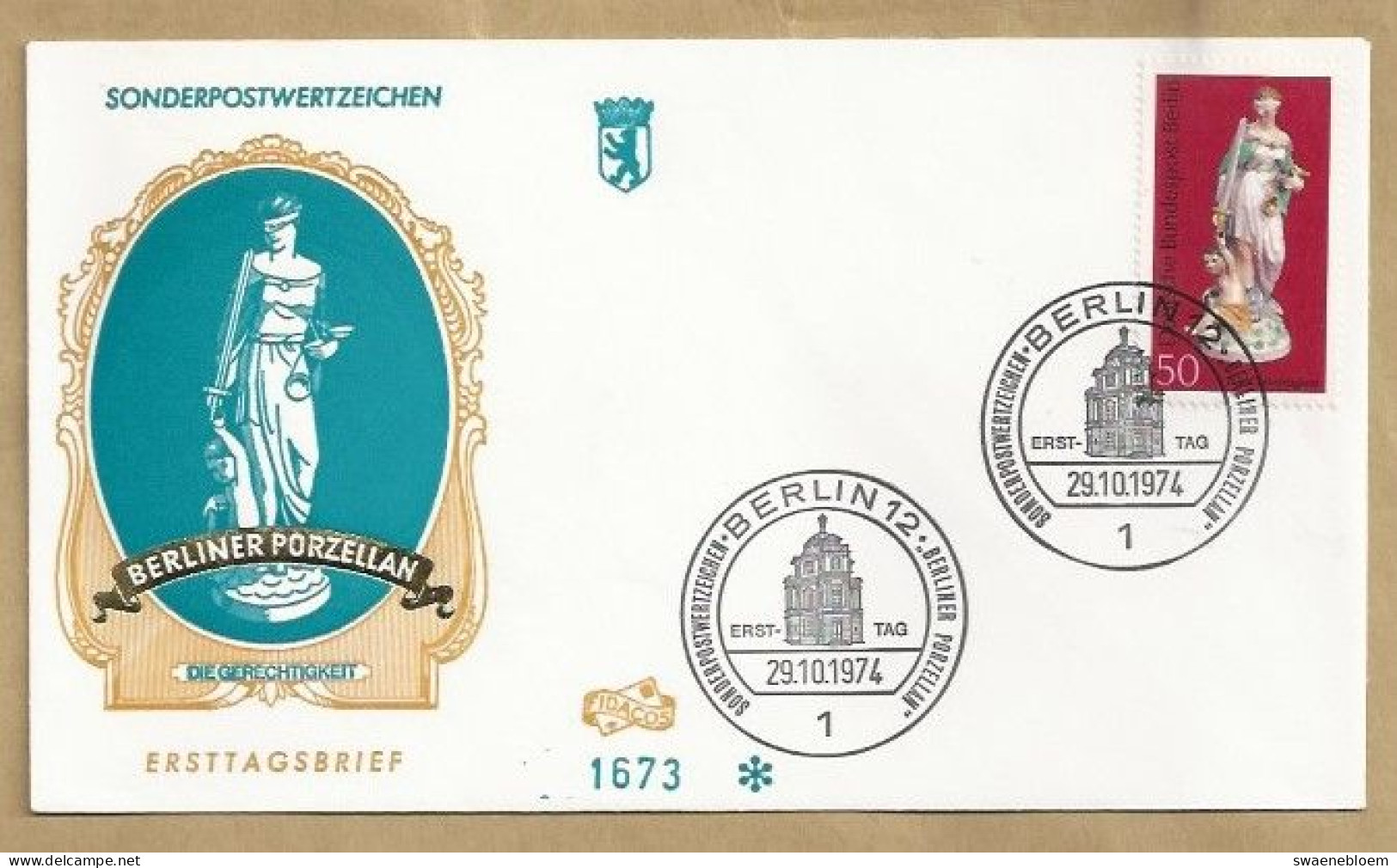 DE.- ERSTTAGSBRIEF. BERLINER PORZELLAN. DIE GERECHTIGKEIT. SONDERPOSTWERTZEICHEN. ERSTAUSGABE 29.1.1974. BERLIN 12. FDC. - 1971-1980