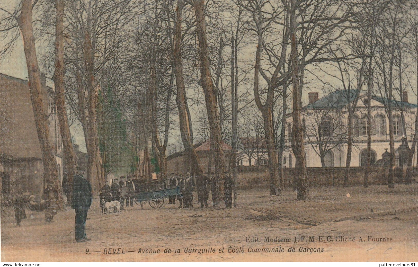 CPA (31) REVEL Avenue De La Guirguille Et Ecole Communale De Garçons Marchand Ambulant ? (Carte Toilée) - Revel