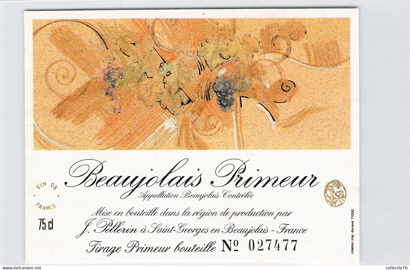 BISTROT ETIQUETTES ALCOOLS VINS BEAUJOLAIS PRIMEUR PELLERIN  9 X 12 CM - Alcools & Spiritueux