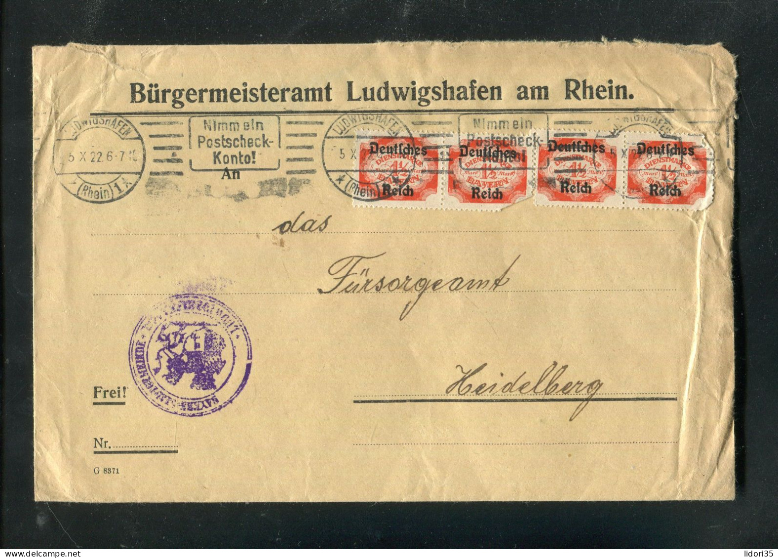 "DEUTSCHES REICH" 1922, Dienstmarke Mi. 48 MeF Auf Brief Ex Buergermeisteramt Ludwigshafen Nach Heidelberg (L0061) - Dienstmarken