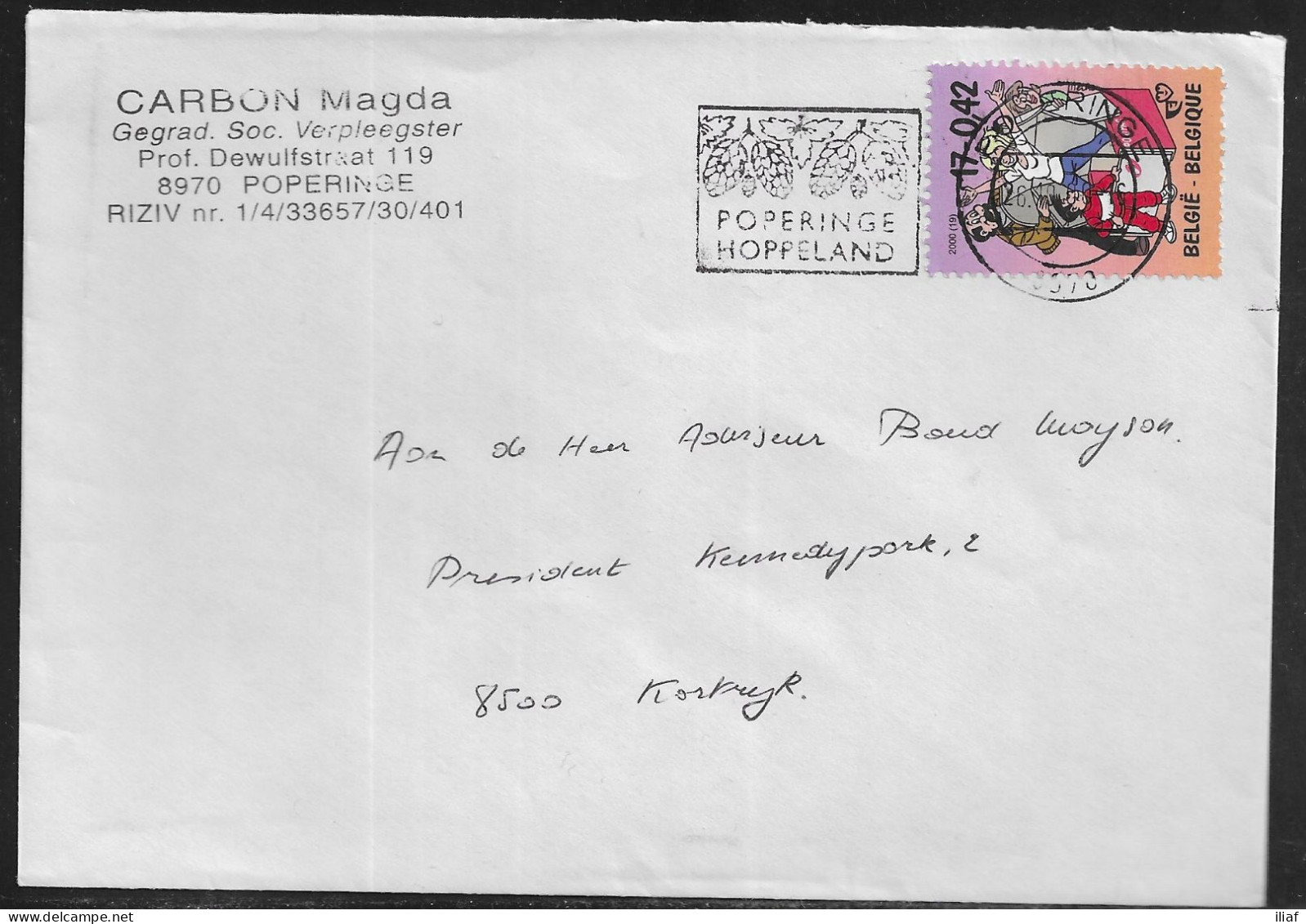 Belgium. Stamps Sc. 1827 On Commercial Letter, Sent From Poperinge On 26.10.2000 For Kortrijk - Storia Postale