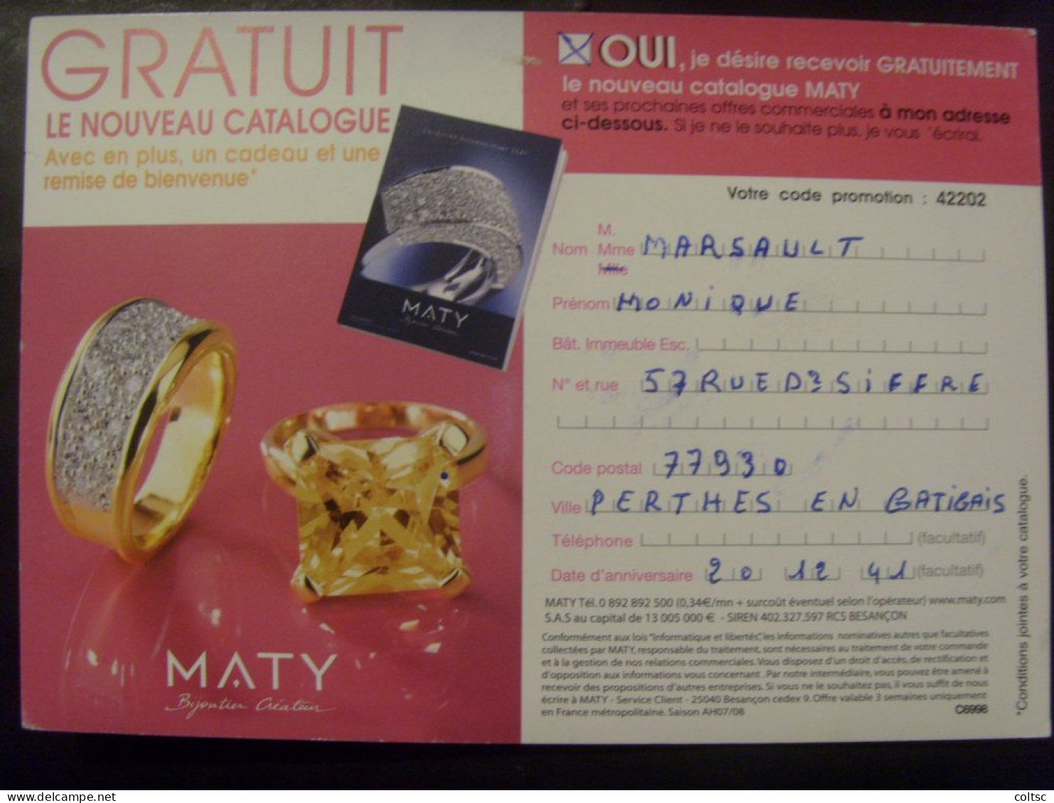 18000- CP Réponse Lamouche Phil@poste MATY, Validité Jusqu'au 15/01/08, Agr. 07P402, Pas Courant En Obl, Thème Bijou - PAP: Ristampa/Lamouche