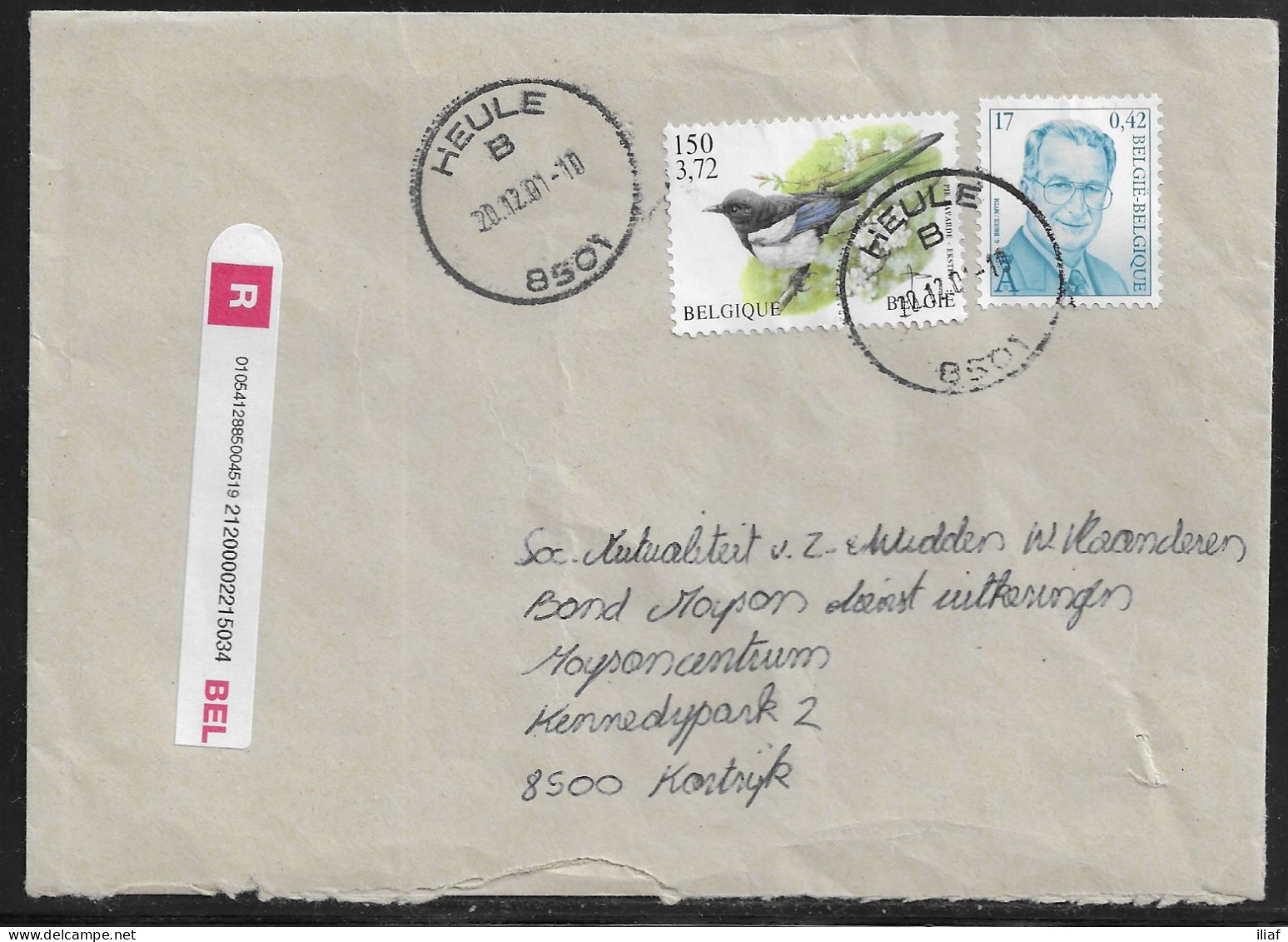 Belgium. Stamps Sc. 1753, 1840 On Registered Commercial Letter, Sent From Heule On 20.12.2001 For Kortrijk. - Briefe U. Dokumente